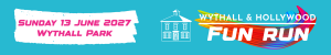 Banner with teal background promoting Wythall & Hollywood Fun Run. Text reads “Sunday 13 June 2027, Wythall Park alongside a house-shaped event logo with colourful swooshes.